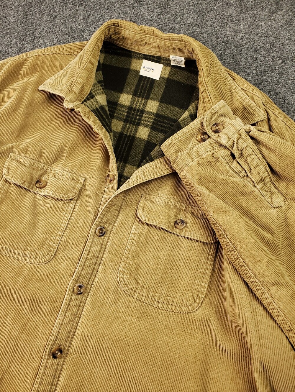 Arrow Corduroy Shirt Jacket XL Fleece Lined Button Up Heavyweight Shacket Tan